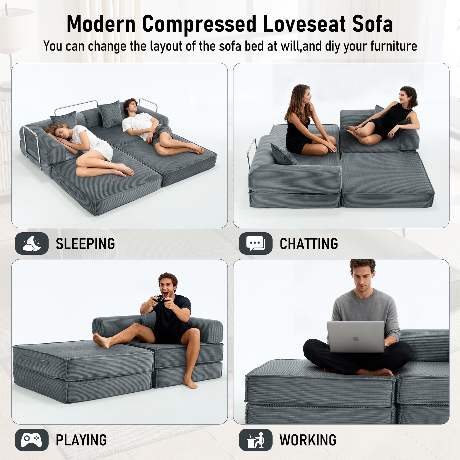 Convertible Sleeper Sofa Bed Grey Modular Corduroy Couch 2 Pillows_voghion.com